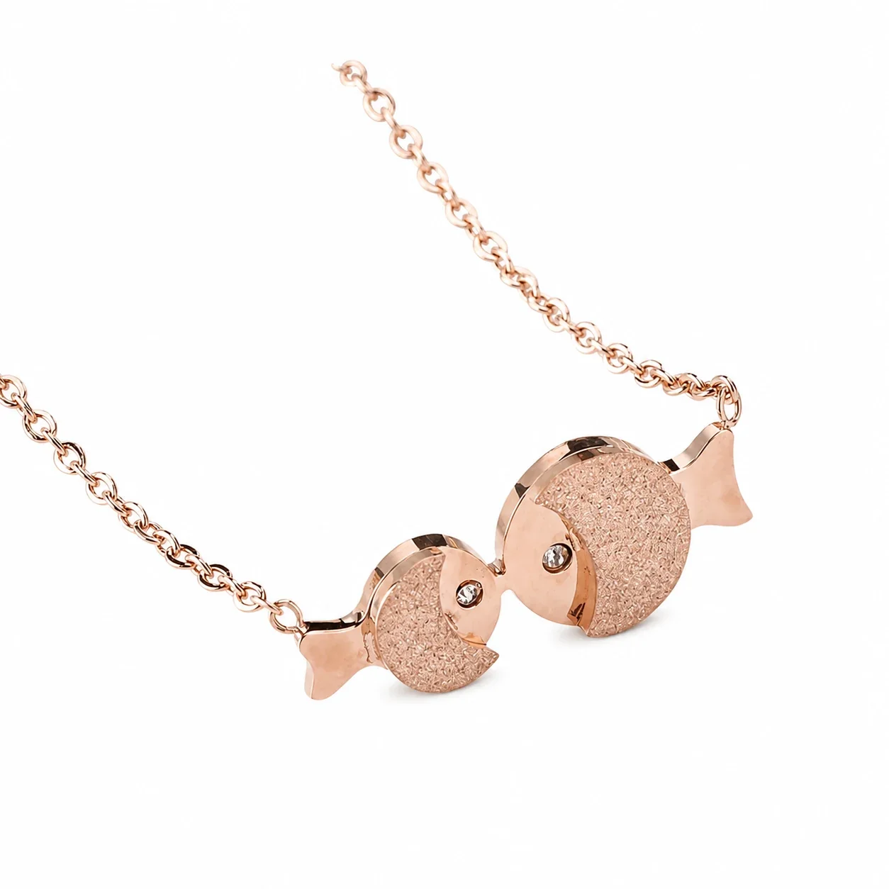 Romantic Rose Gold Fish Pendant Necklace with Textured Duo