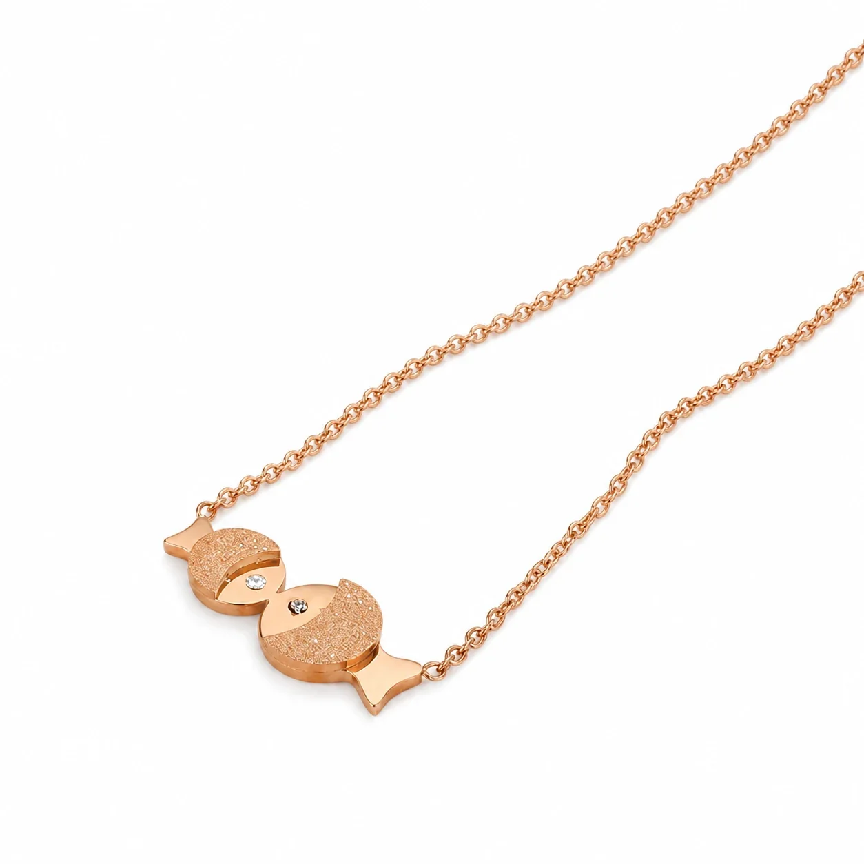 Romantic Rose Gold Fish Pendant Necklace with Textured Duo