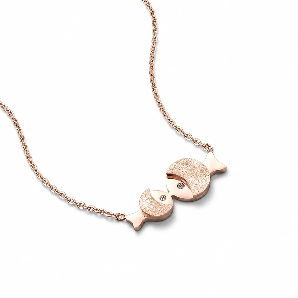 Romantic Rose Gold Fish Pendant Necklace with Textured Duo
