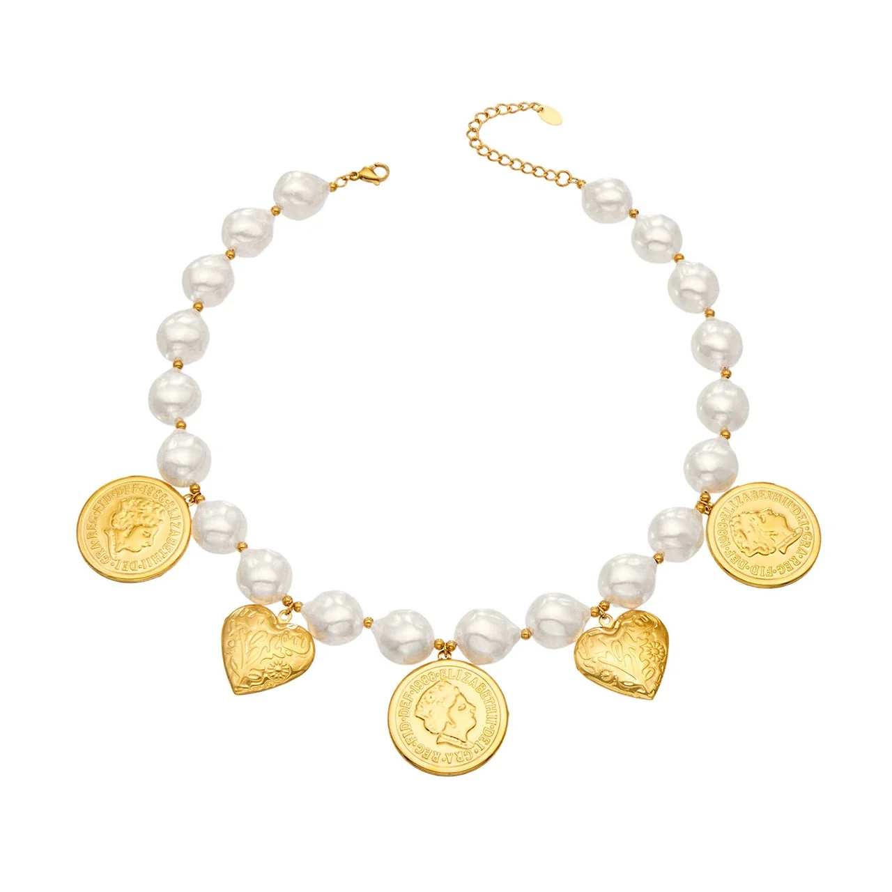 Charm Necklace with Pearl-effect-Effect Beads, Gold-Plated Steel