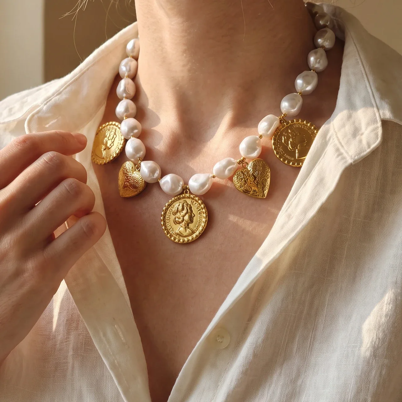 Charm Necklace with Pearl-effect-Effect Beads, Gold-Plated Steel