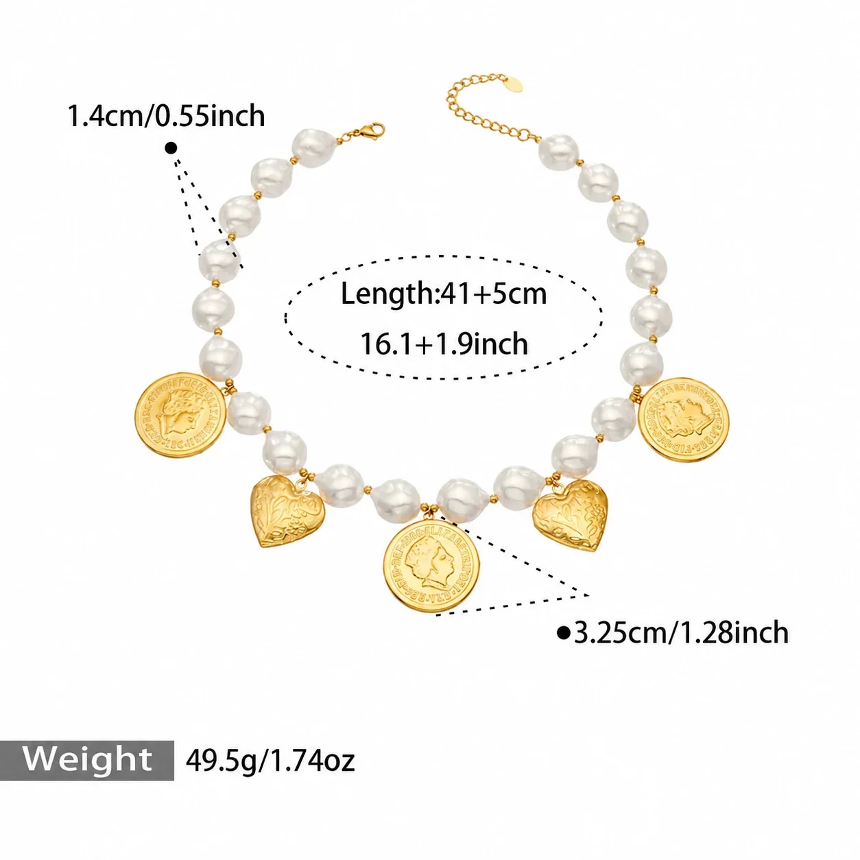 Charm Necklace with Pearl-effect-Effect Beads, Gold-Plated Steel - Gold