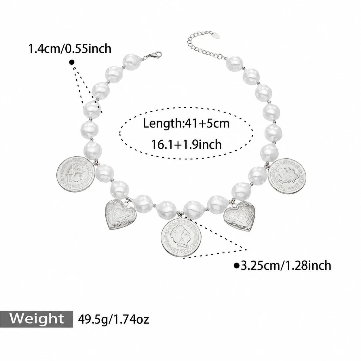 Charm Necklace with Pearl-effect-Effect Beads, Gold-Plated Steel - Silver