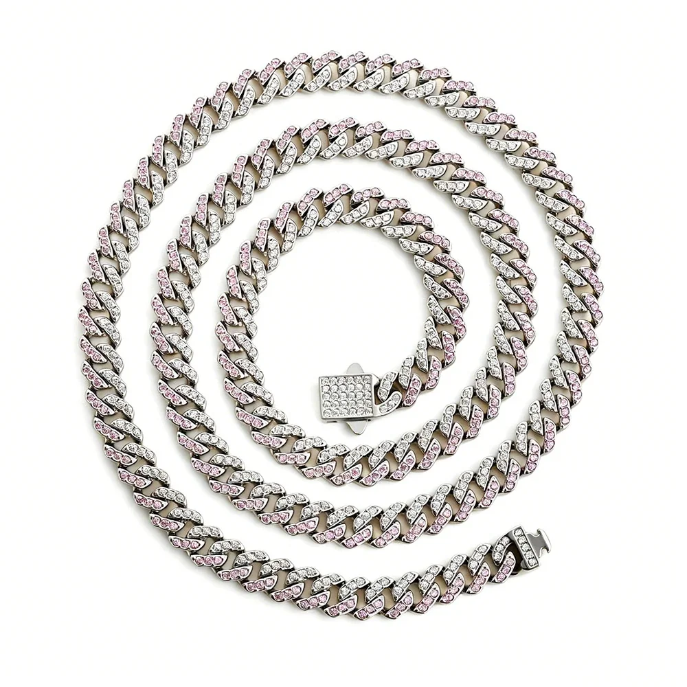 Pink Pavé 316 Stainless Steel Cuban Chain Necklace