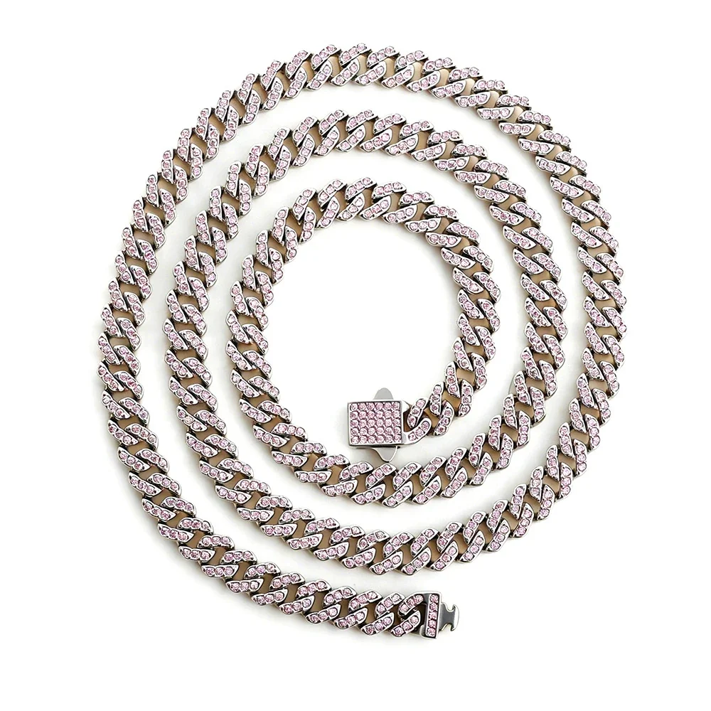 Iced 316 Stainless Steel Cuban Chain Necklace - Silver Square mm Pink CZ
