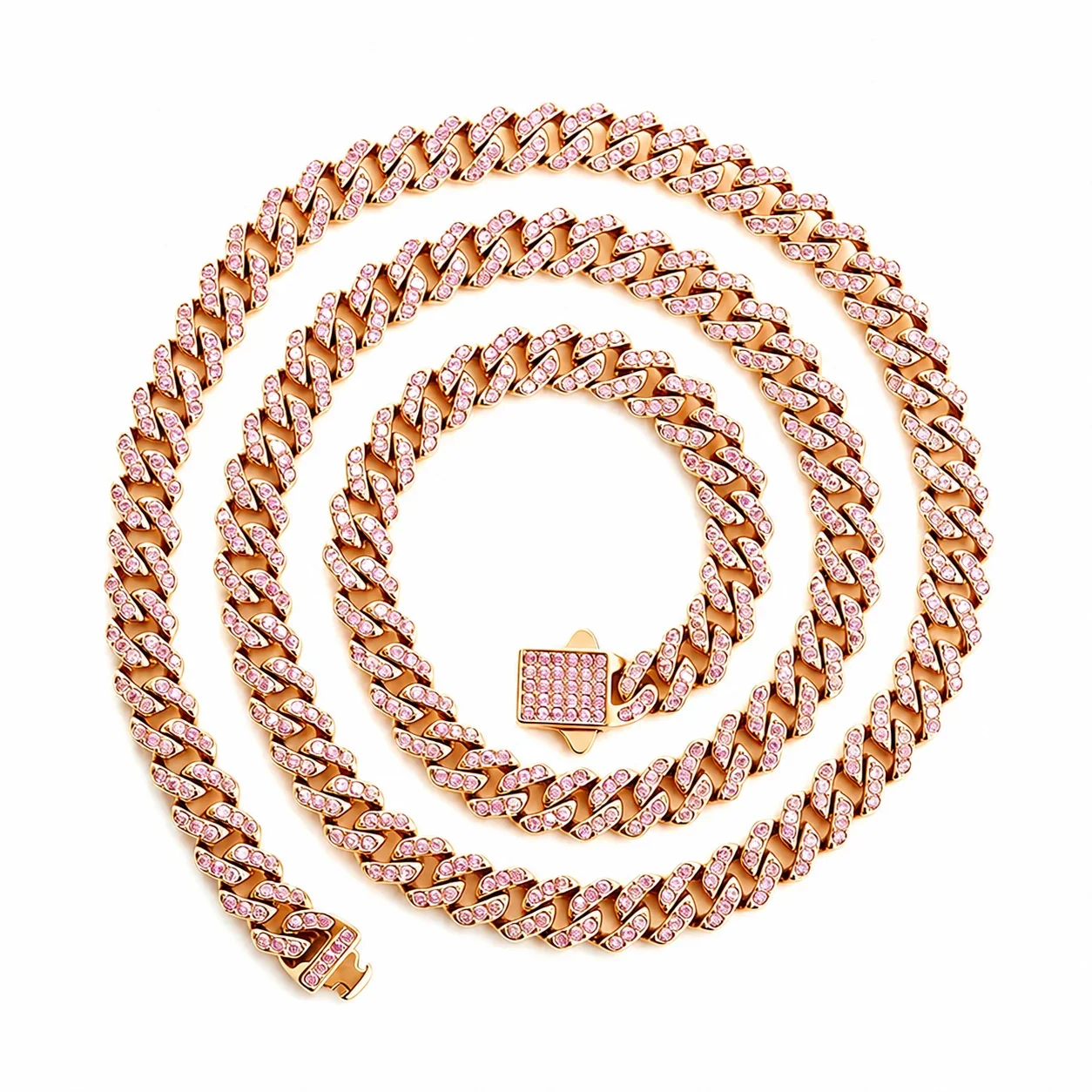 Iced 316 Stainless Steel Cuban Chain Necklace - Gold Square mm Pink CZ