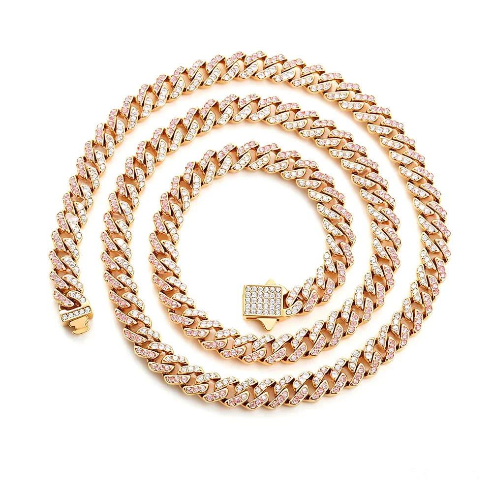 Iced 316 Stainless Steel Cuban Chain Necklace - Gold Square mm Pink and Clear CZ