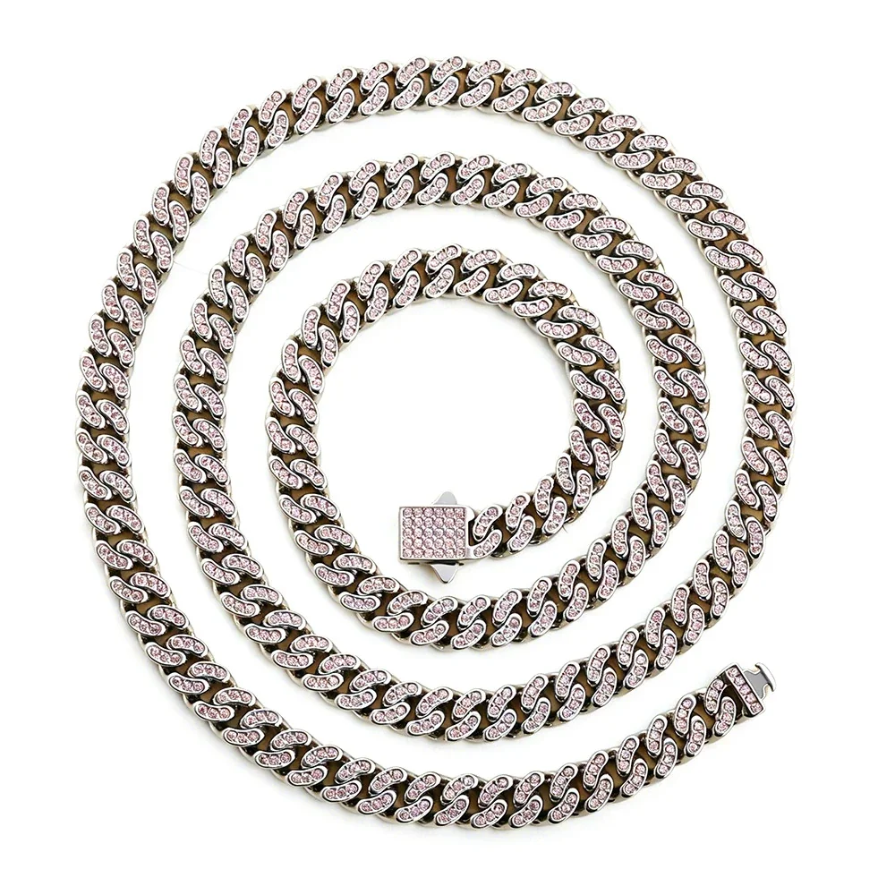 Iced 316 Stainless Steel Cuban Chain Necklace - Silver Curved mm Pink CZ