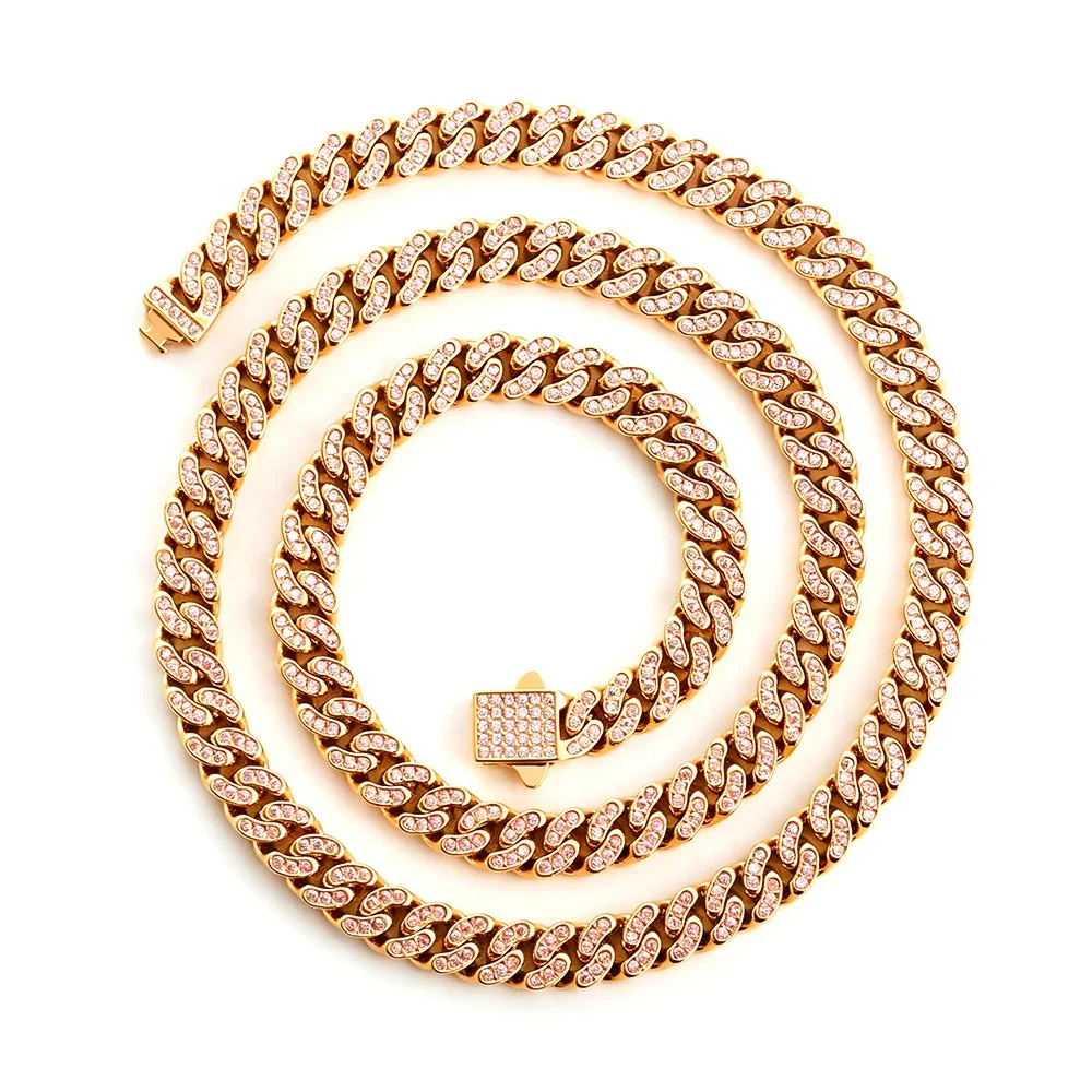 Iced 316 Stainless Steel Cuban Chain Necklace - Gold Curved mm Pink CZ