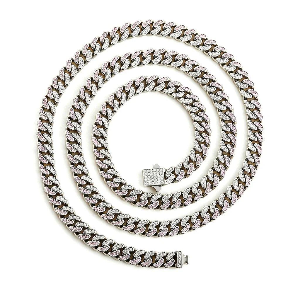 Iced 316 Stainless Steel Cuban Chain Necklace - Silver Curved mm Pink and Clear CZ