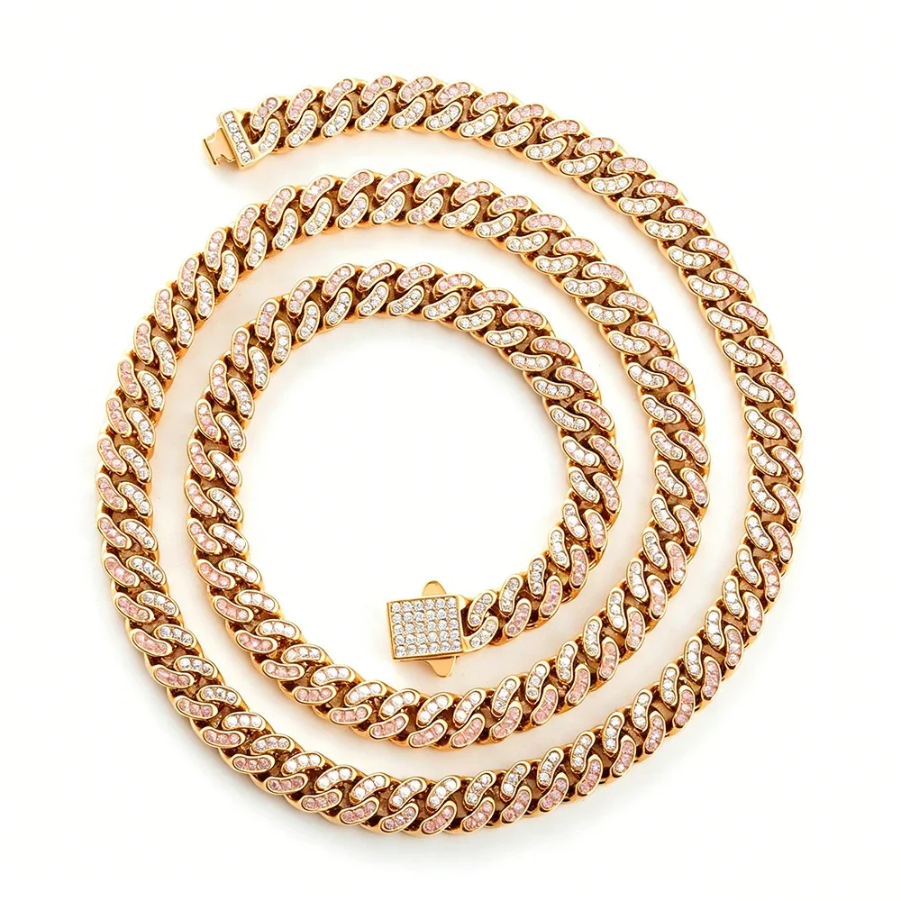 Iced 316 Stainless Steel Cuban Chain Necklace - Gold Curved mm Pink and Clear CZ