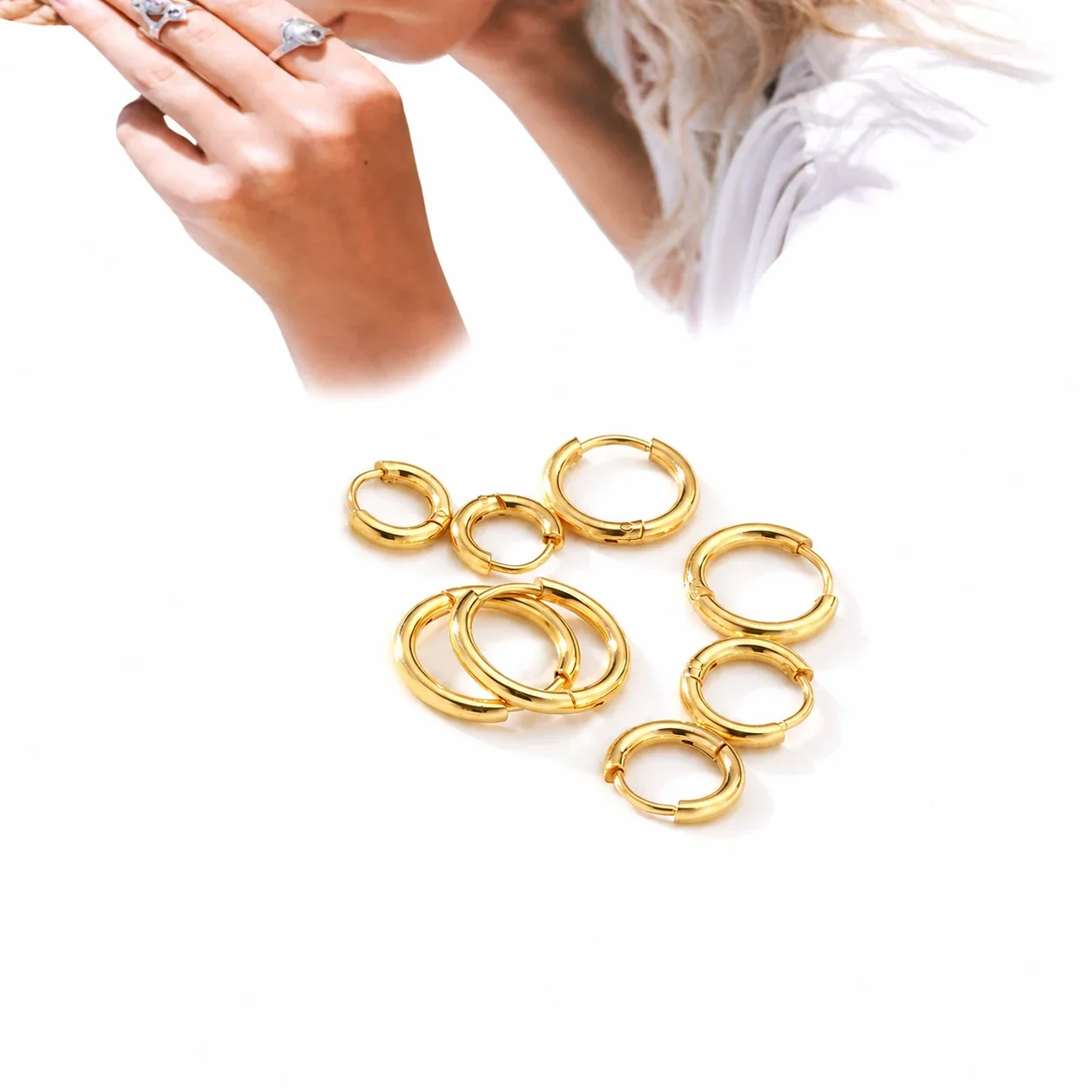 Polished 316 Stainless Steel Round Wire Hoop Earrings - Gold