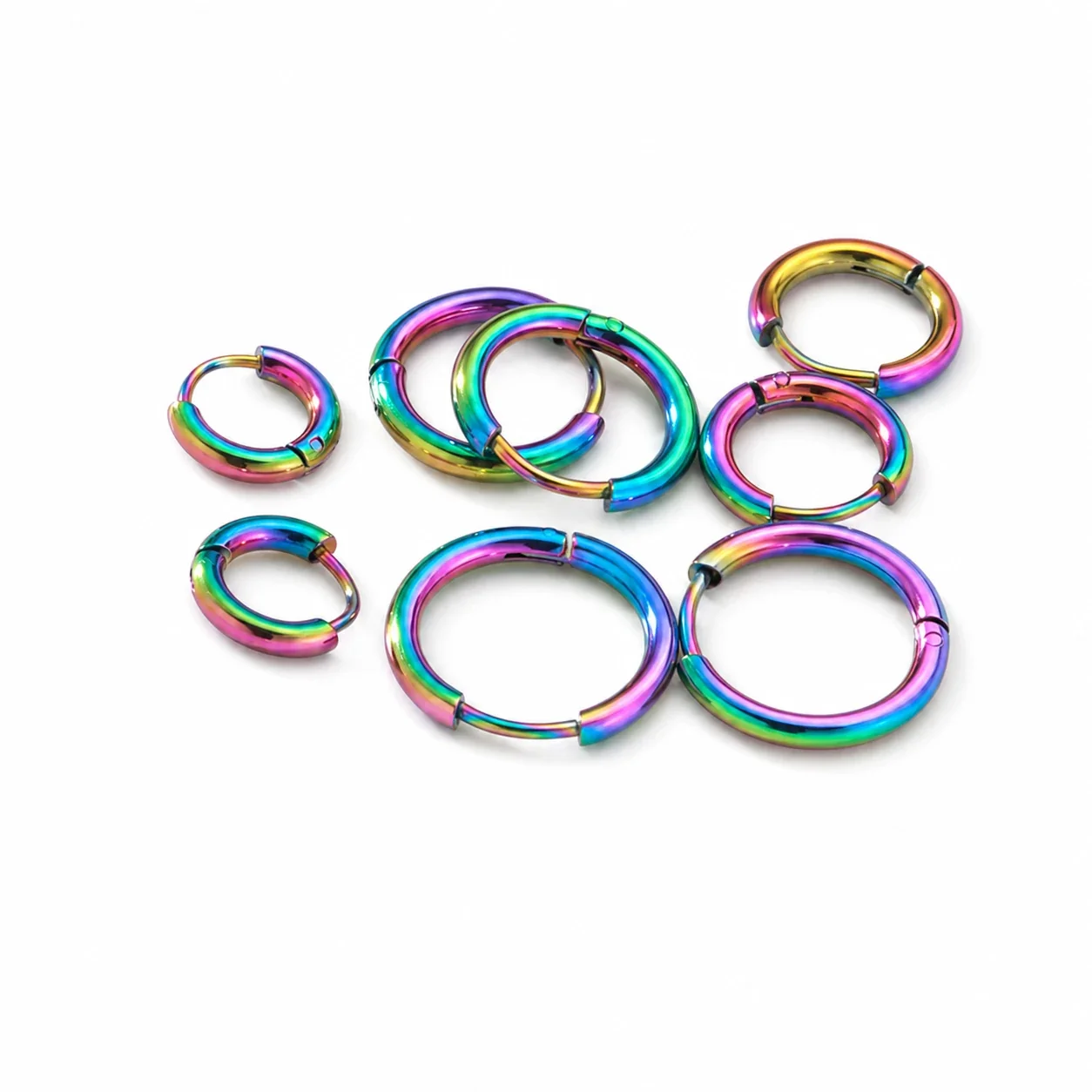 Polished 316 Stainless Steel Round Wire Hoop Earrings - Rainbow