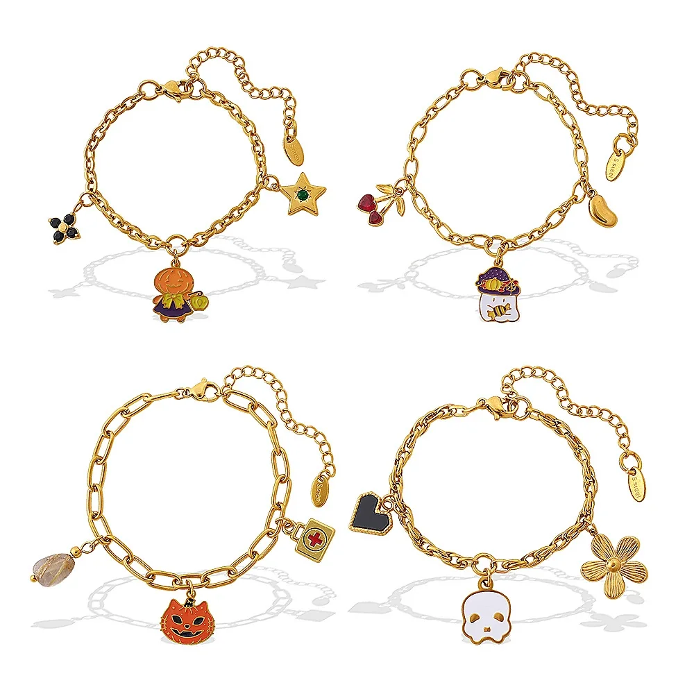 Charm Link Bracelet with Novelty Motifs, 18K Gold-Plated Steel