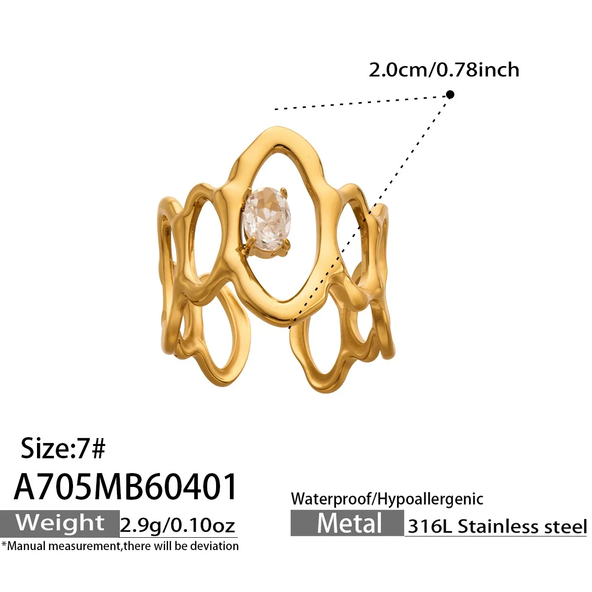 Sculptural 316 Stainless Oval Stone Statement Ring - Gold A705