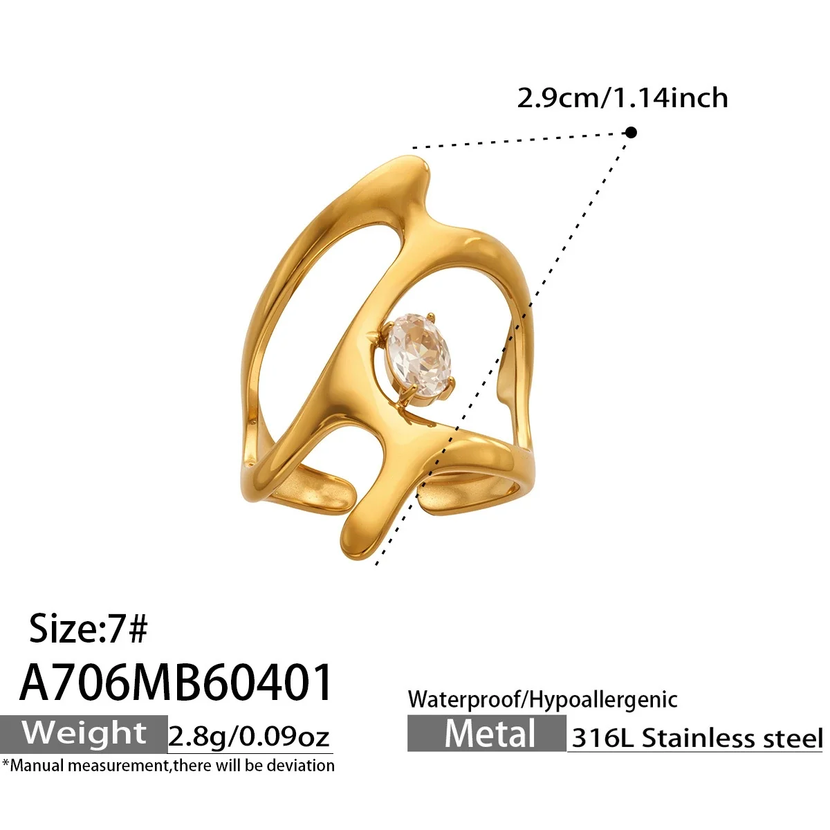 Sculptural 316 Stainless Oval Stone Statement Ring - Gold A706