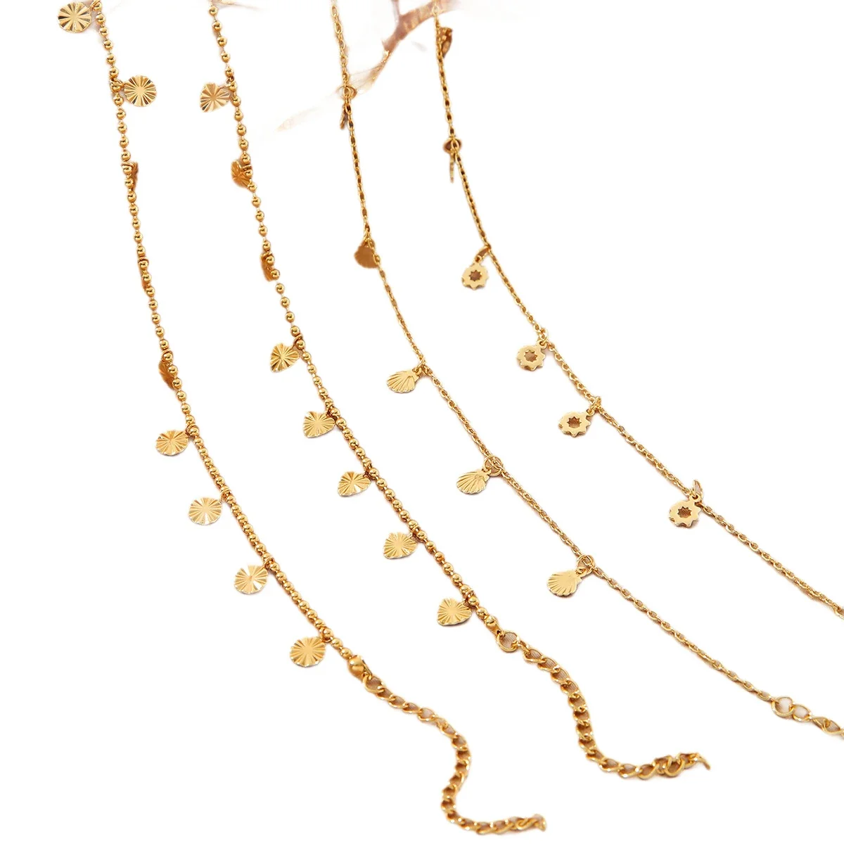 Anklet Bracelet with Sunburst Disc Charms, Stainless Steel