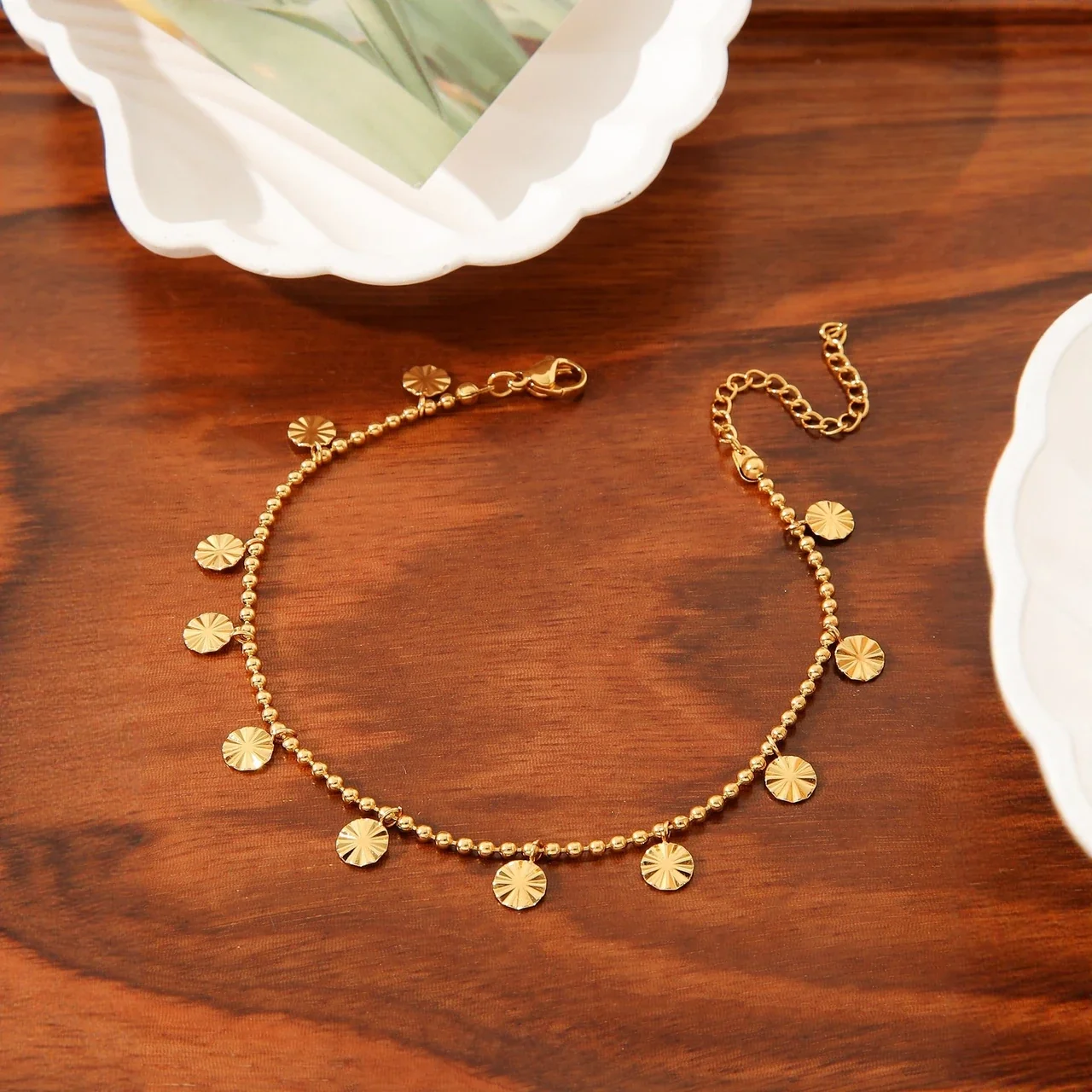 Anklet Bracelet with Sunburst Disc Charms, Stainless Steel