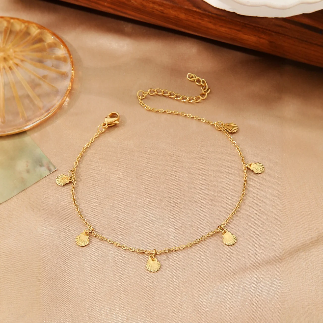 Anklet Bracelet with Sunburst Disc Charms, Stainless Steel
