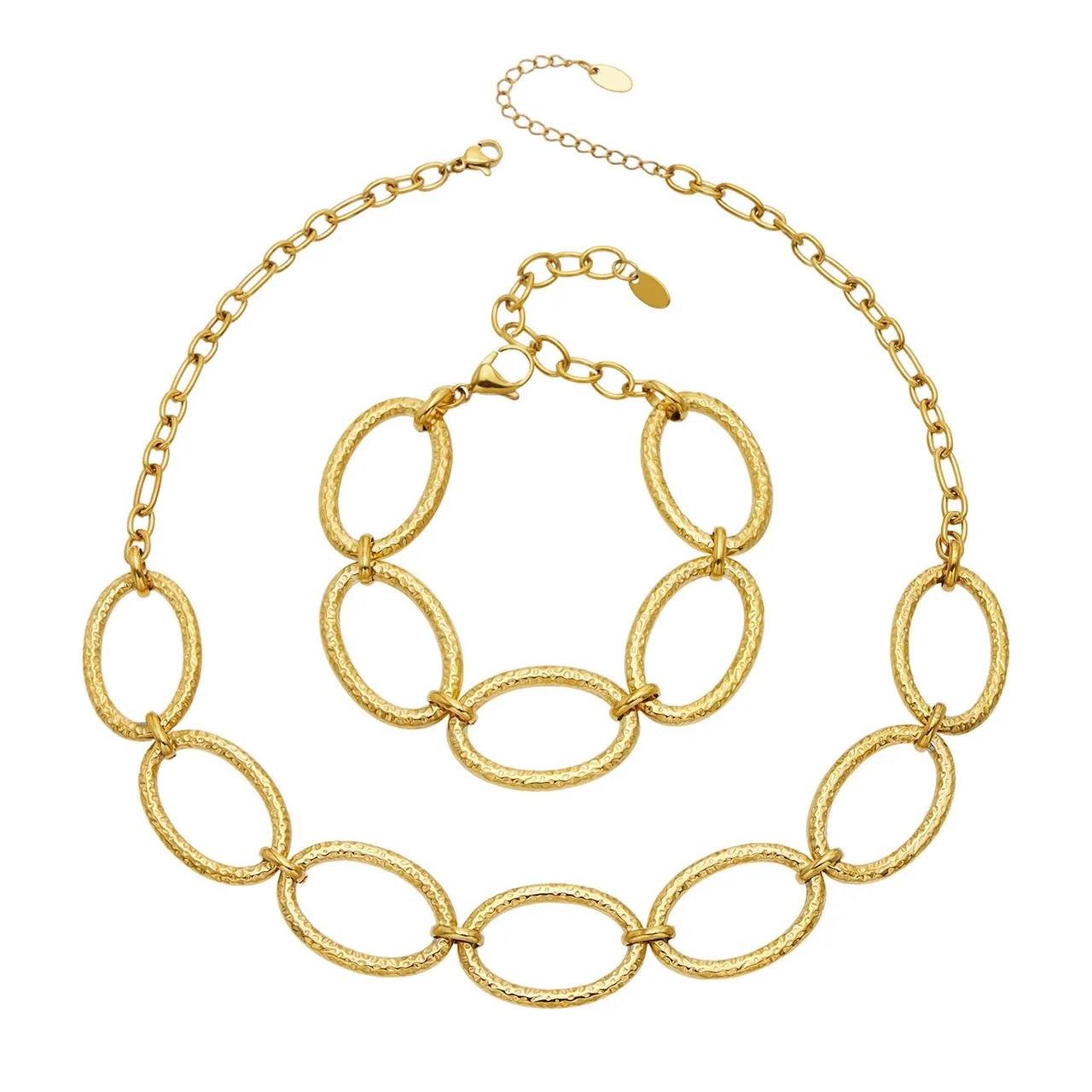 Hammered Oval Link 18K Gold PVD 316 Stainless Steel Jewelry Set