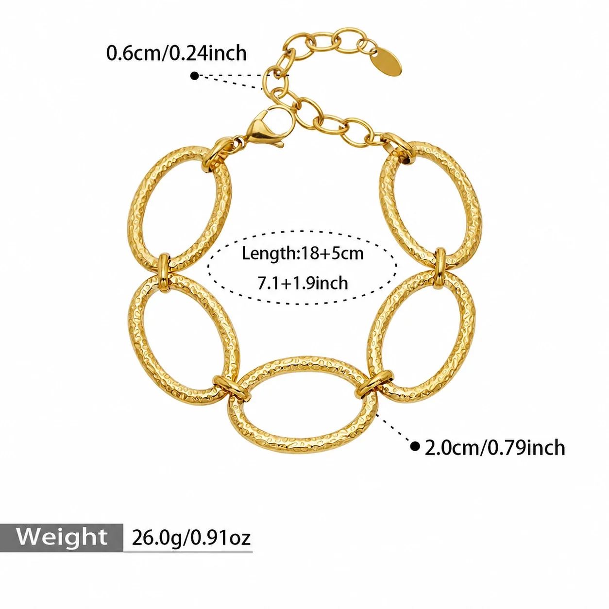 Hammered Oval Link 18K Gold-Plated 316 Jewelry Set - Gold 18+5 cm