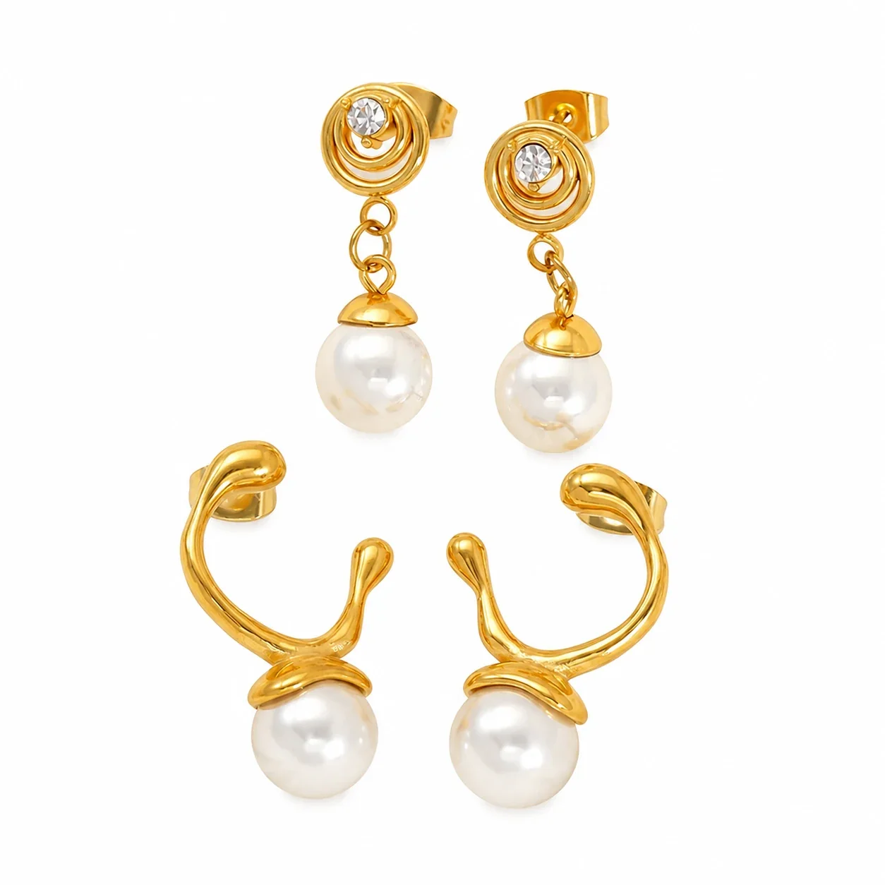 Sculptural Gold-Plated Pearl Drop Hoop Stud Earrings