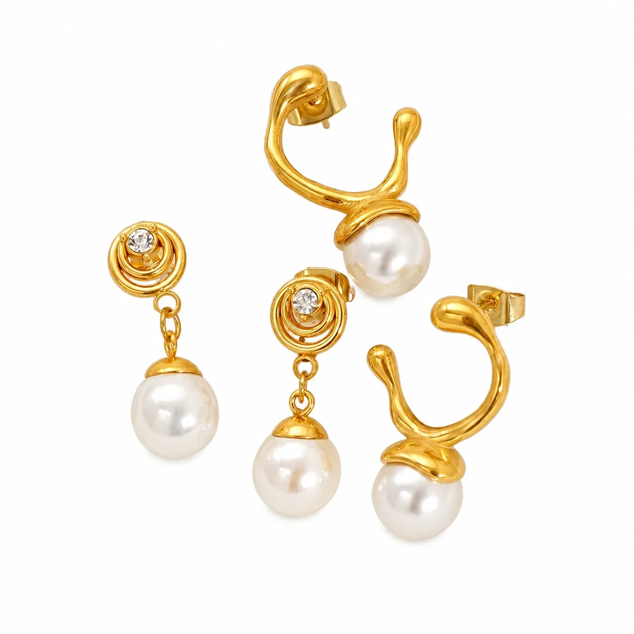 Sculptural Gold-Plated Pearl Drop Hoop Stud Earrings