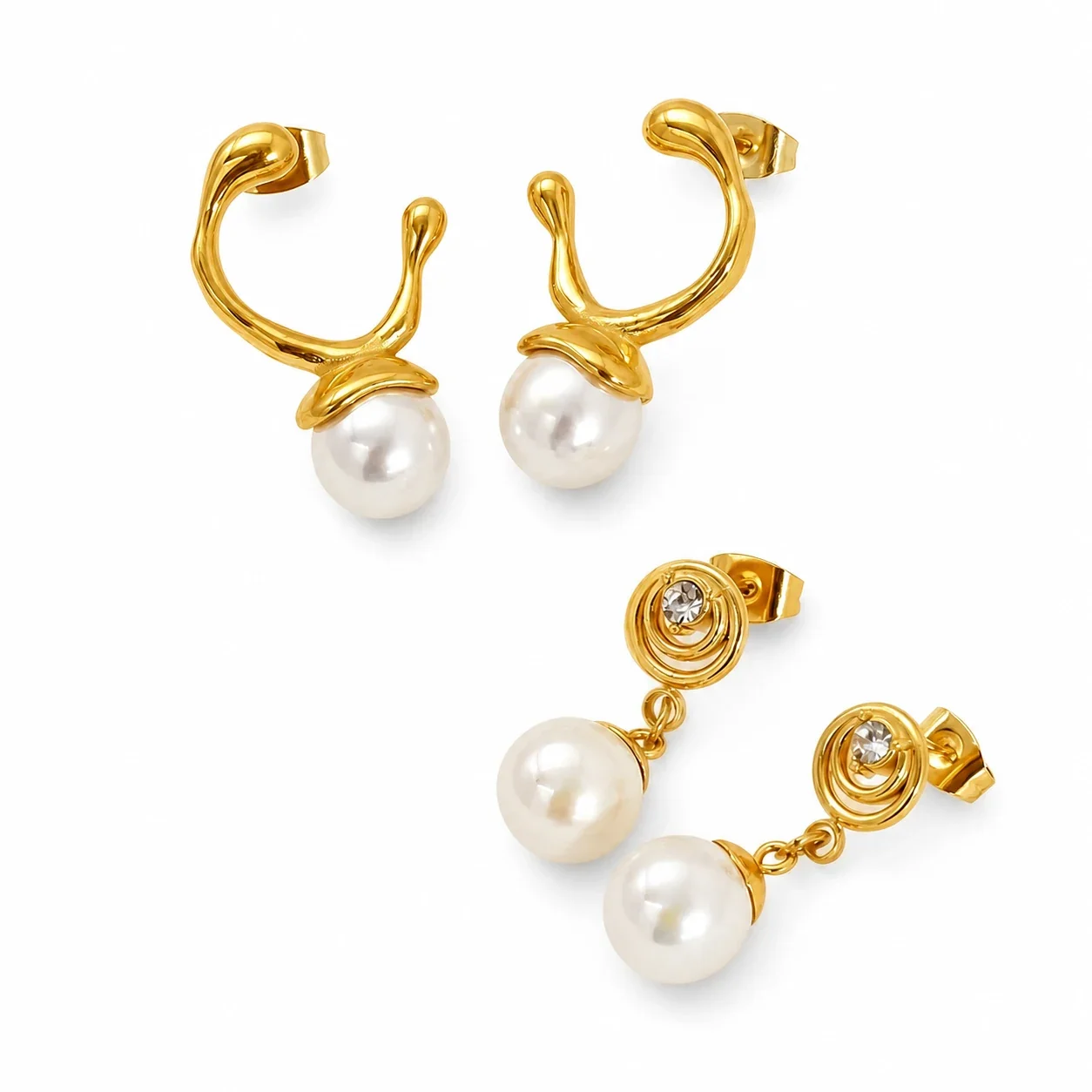 Sculptural Gold-Plated Pearl Drop Hoop Stud Earrings