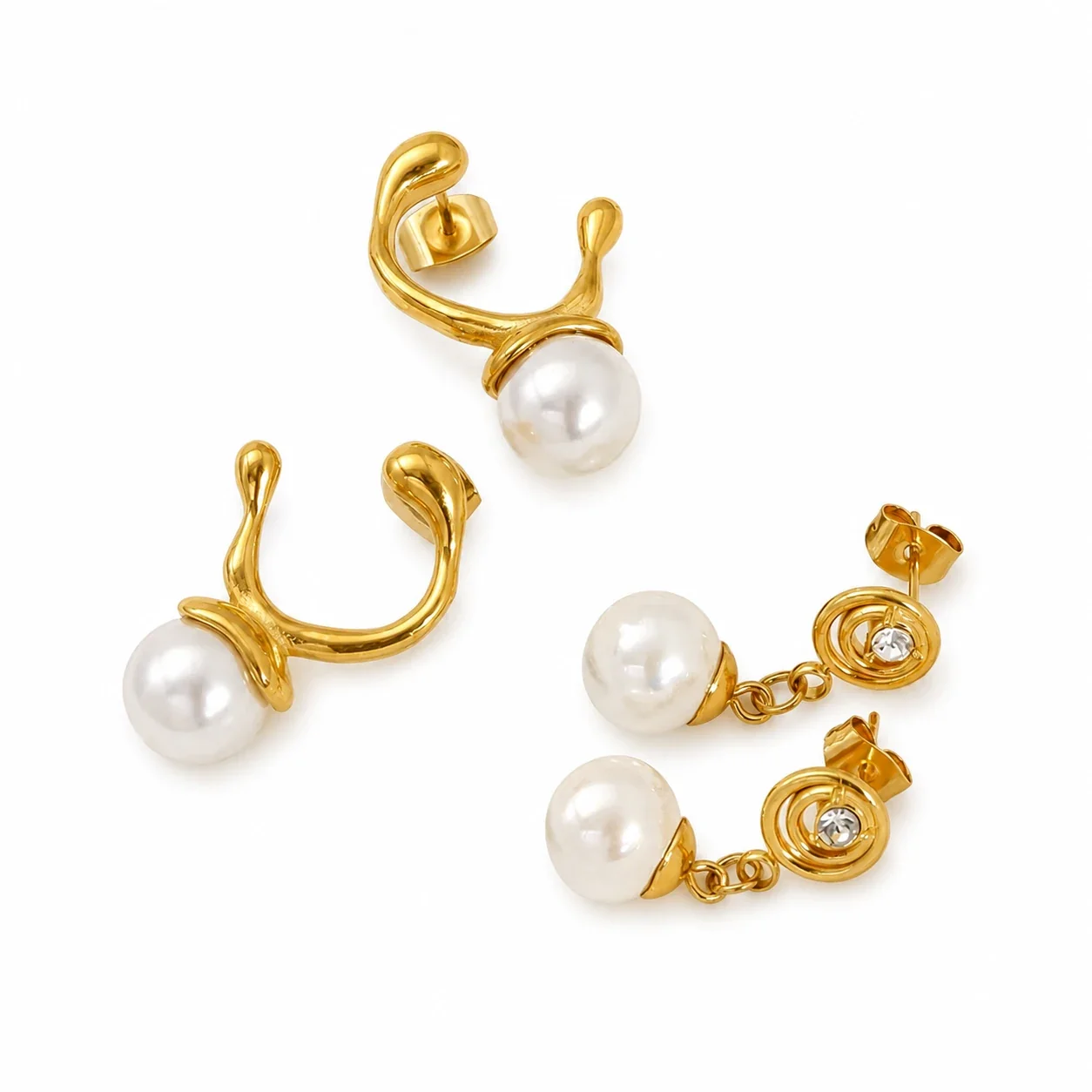 Sculptural Gold-Plated Pearl Drop Hoop Stud Earrings