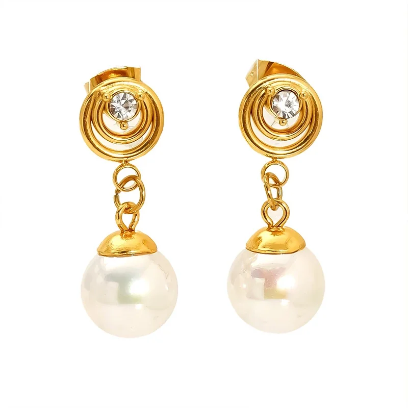 Sculptural Gold-Plated Pearl Drop Hoop Stud Earrings