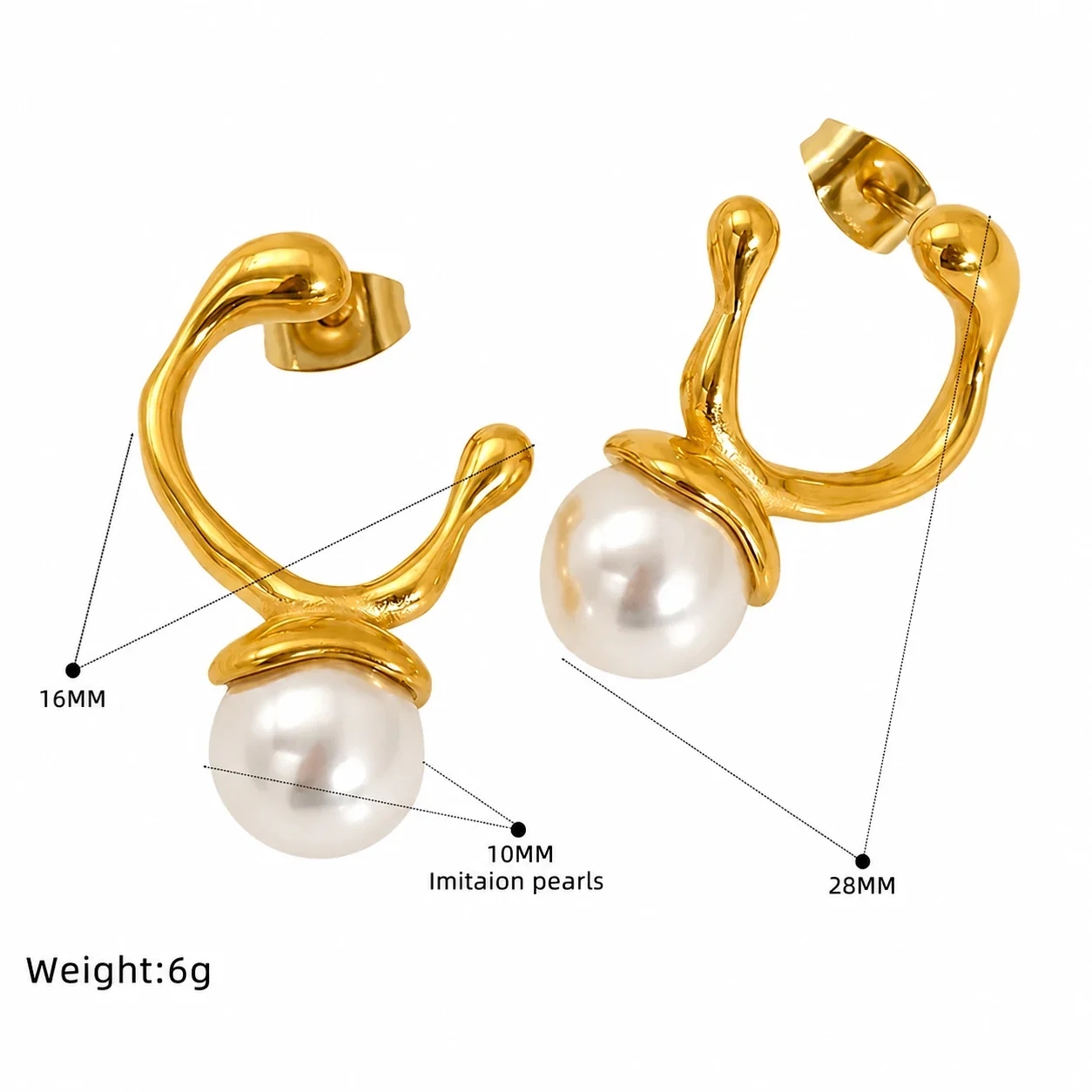 Sculptural Gold-Plated Pearl Drop Hoop Stud Earrings - Gold Style SE224