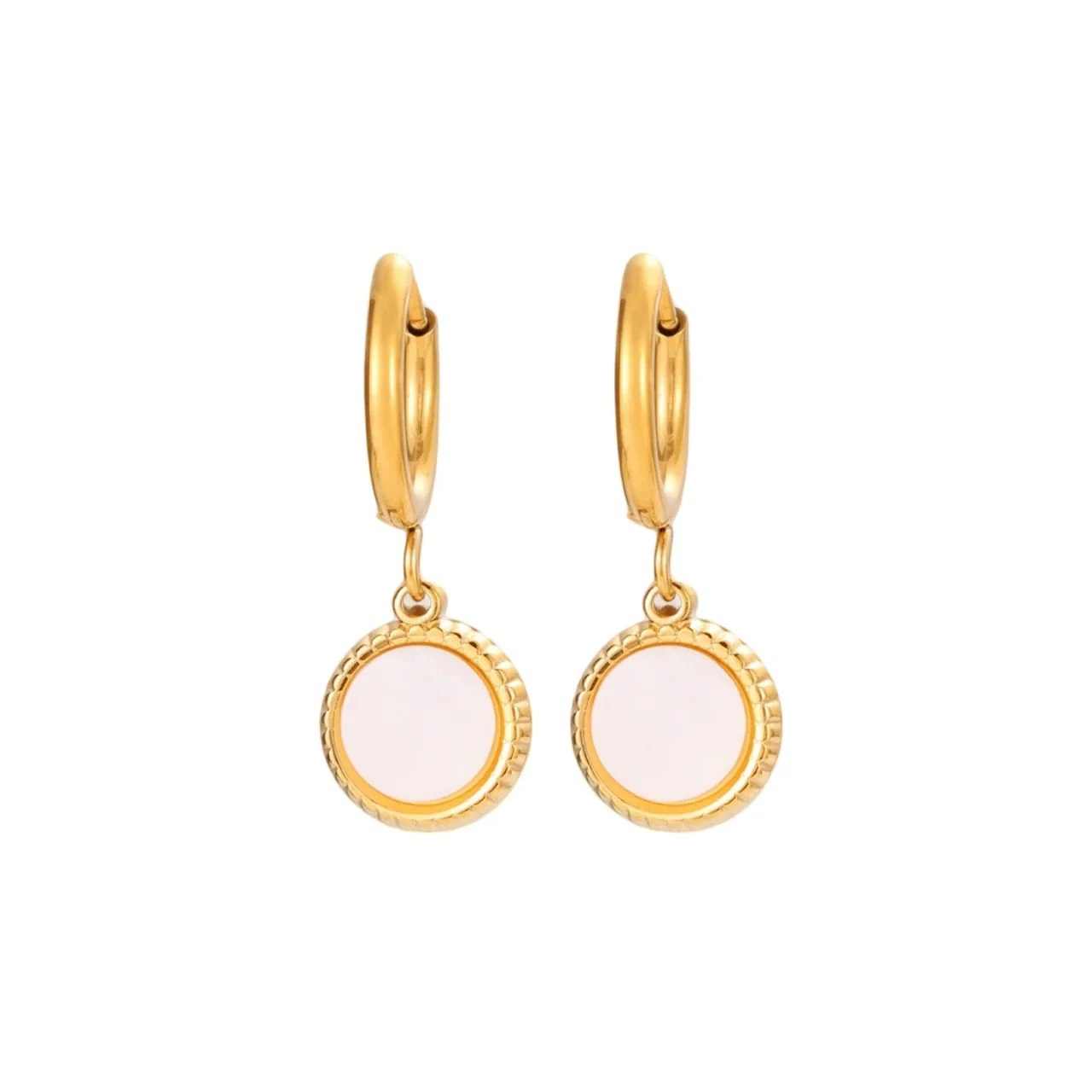 Brincos: Disco Rosa Canelado Pendente, Aço Inoxidável 316 com PVD Dourado de 18K