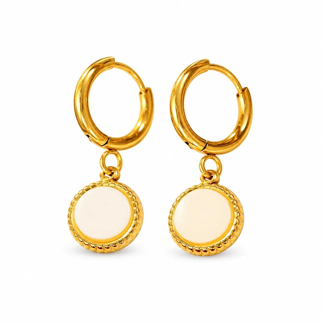 Earrings: Ribbed Pink Disc Drop, 316 Stainless Steel 18K Gold PVD