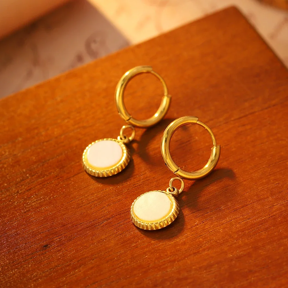 Earrings: Ribbed Pink Disc Drop, 316 Stainless Steel 18K Gold PVD