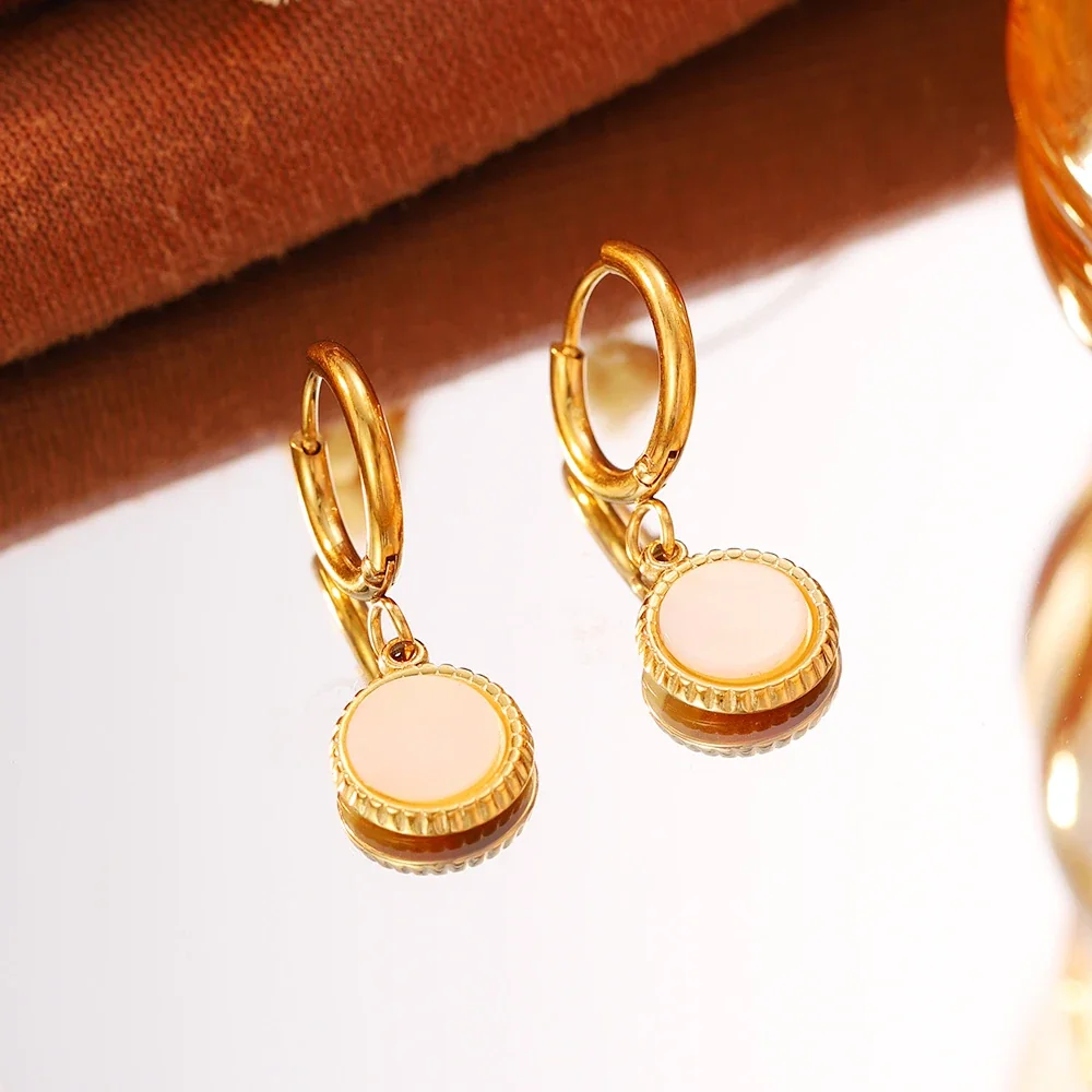 Earrings: Ribbed Pink Disc Drop, 316 Stainless Steel 18K Gold PVD