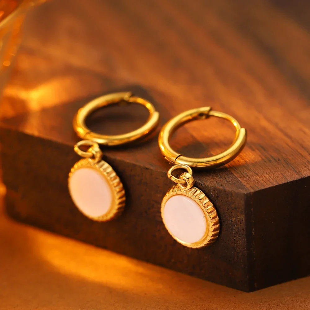 Earrings: Ribbed Pink Disc Drop, 316 Stainless Steel 18K Gold PVD