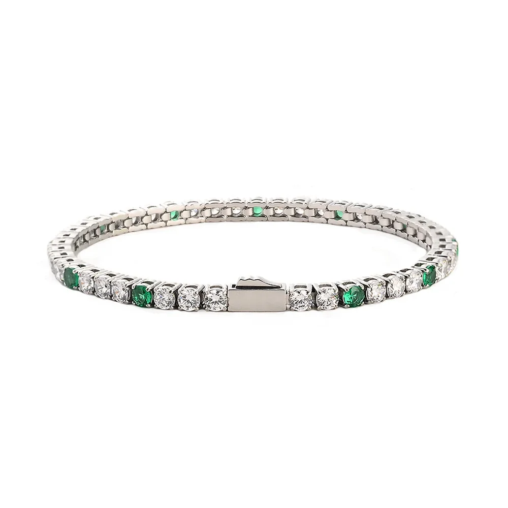 Polished 316 Stainless Steel Emerald CZ Tennis Bracelet - Silver mm Round White CZ + Green CZ