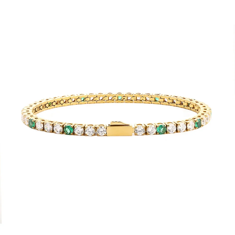 Polished 316 Stainless Steel Emerald CZ Tennis Bracelet - Gold mm Round White CZ + Green CZ