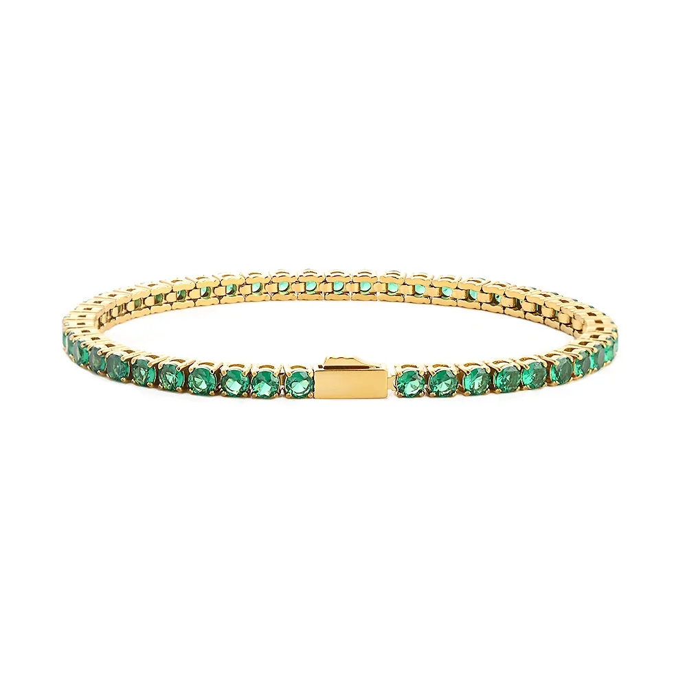 Polished 316 Stainless Steel Emerald CZ Tennis Bracelet - Gold mm Round Green CZ