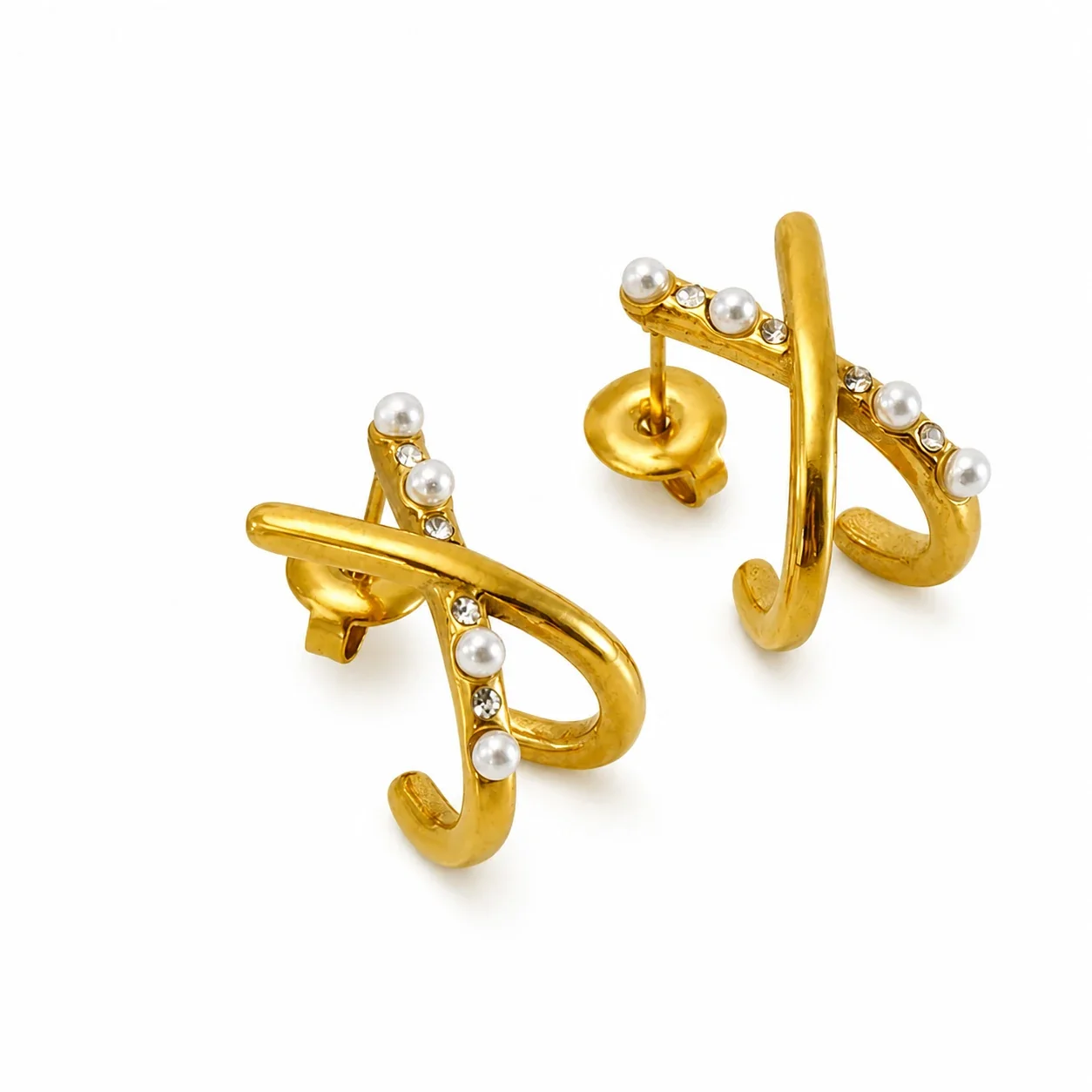 Sculptural Gold-Plated Stainless Steel Pearl Hoop Earrings