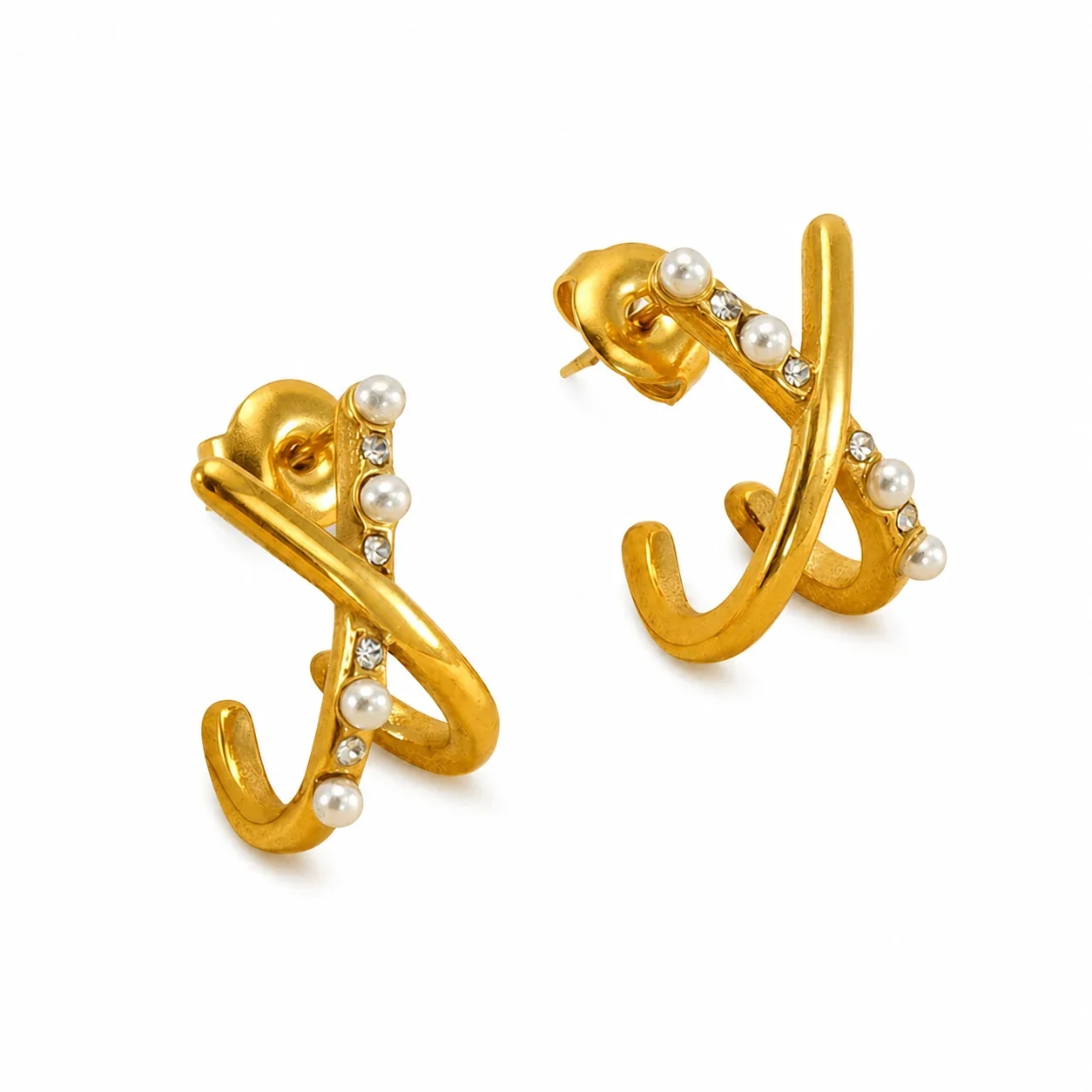 Sculptural Gold-Plated Stainless Steel Pearl Hoop Earrings