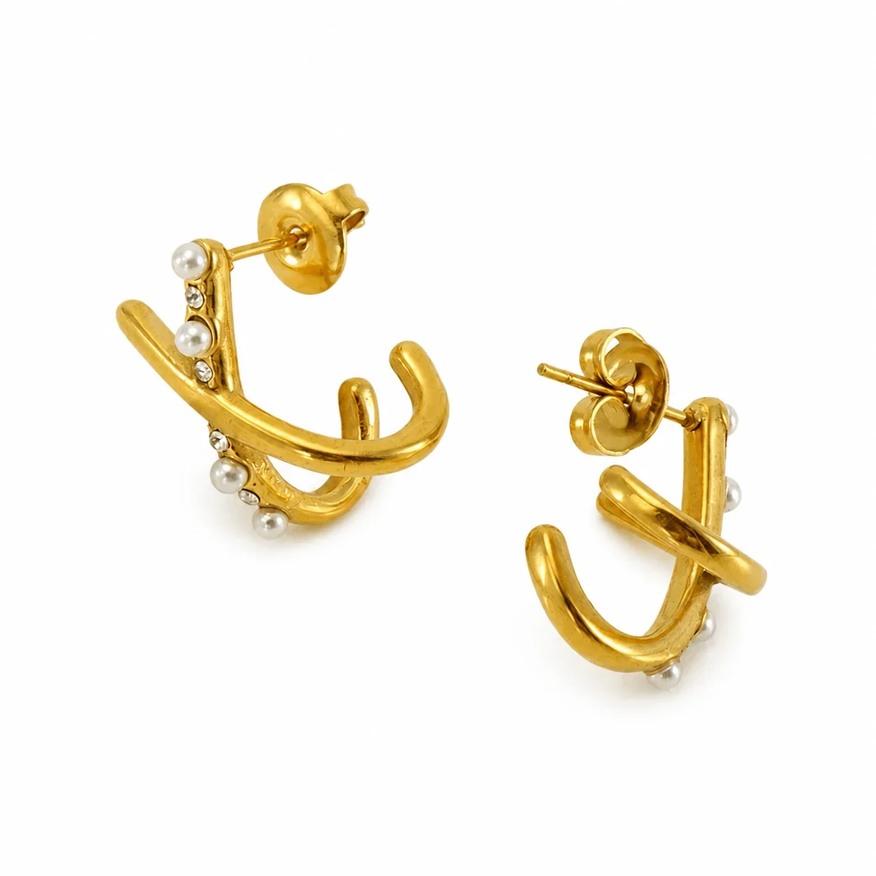 Sculptural Gold-Plated Stainless Steel Pearl Hoop Earrings