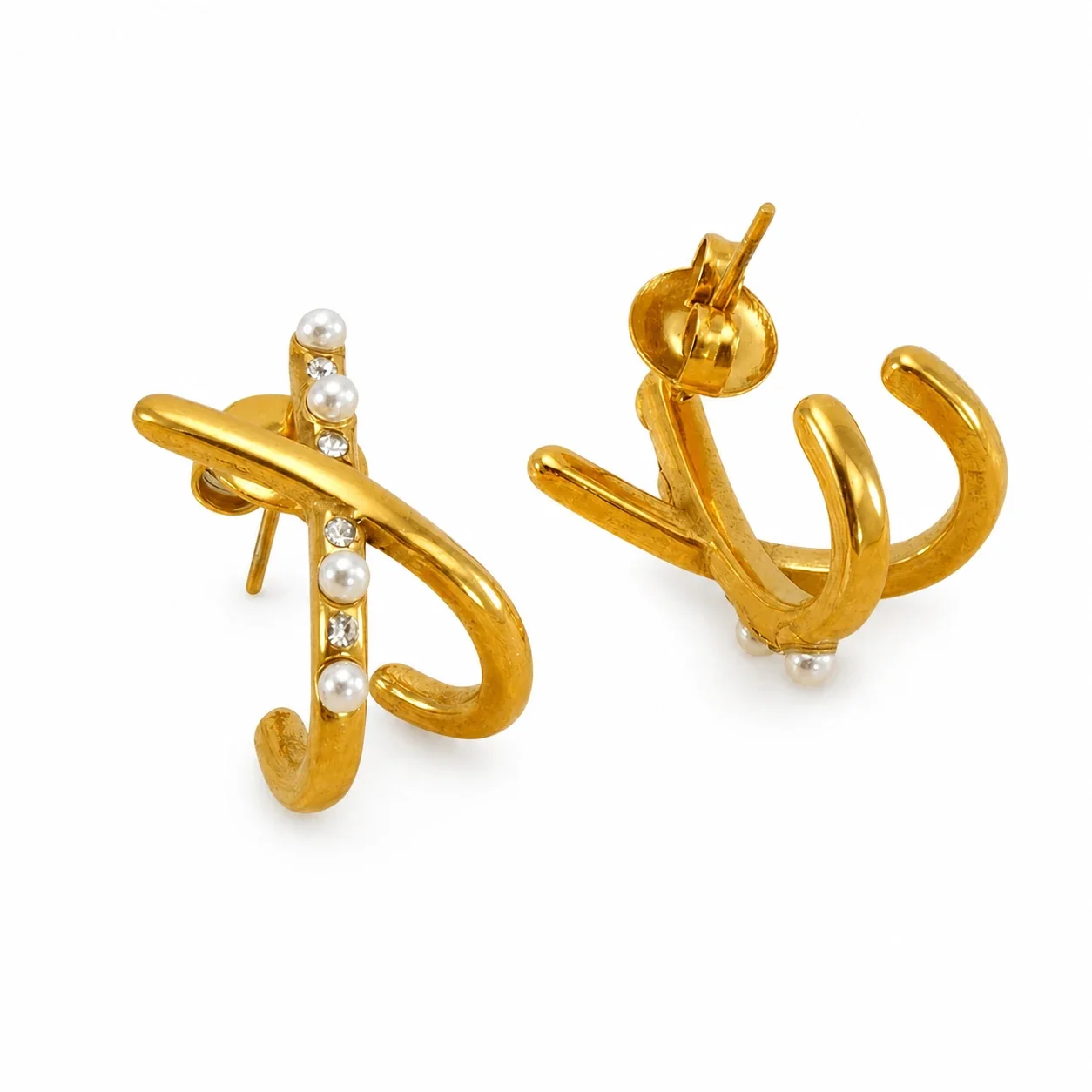 Sculptural Gold-Plated Stainless Steel Pearl Hoop Earrings