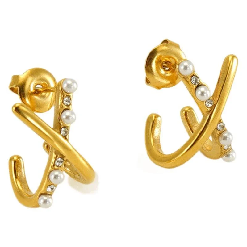 Sculptural Gold-Plated Stainless Steel Pearl Hoop Earrings