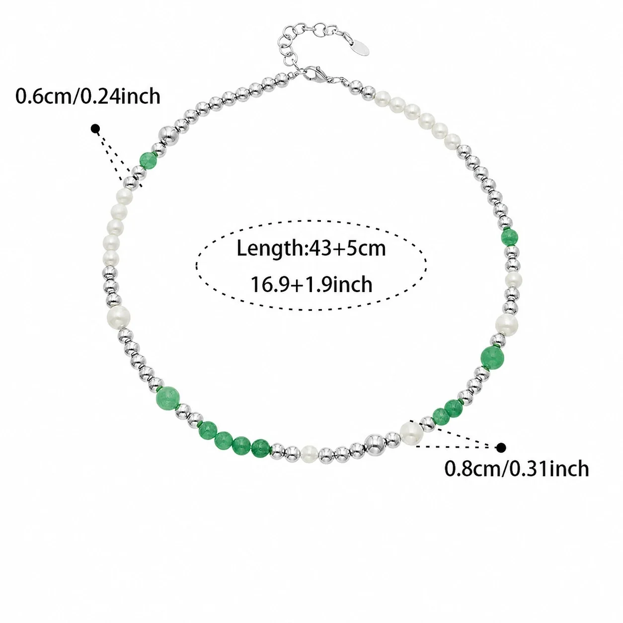 Vibrant 316L Stainless Steel Multicolor Bead Extender Necklace - Green Natural Stone 43+5 cm