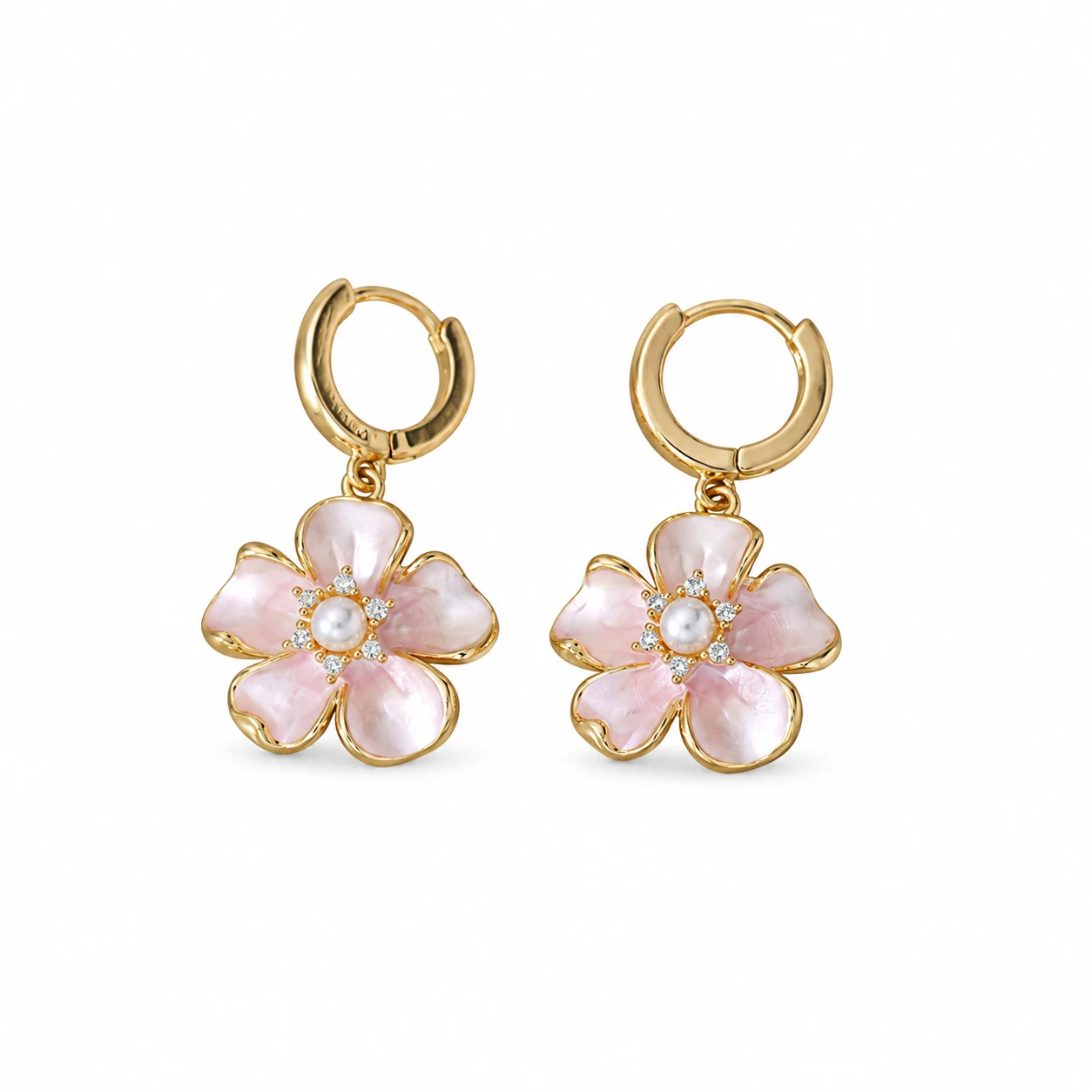 Gold-Tone Pink Flower Copper Drop Earrings