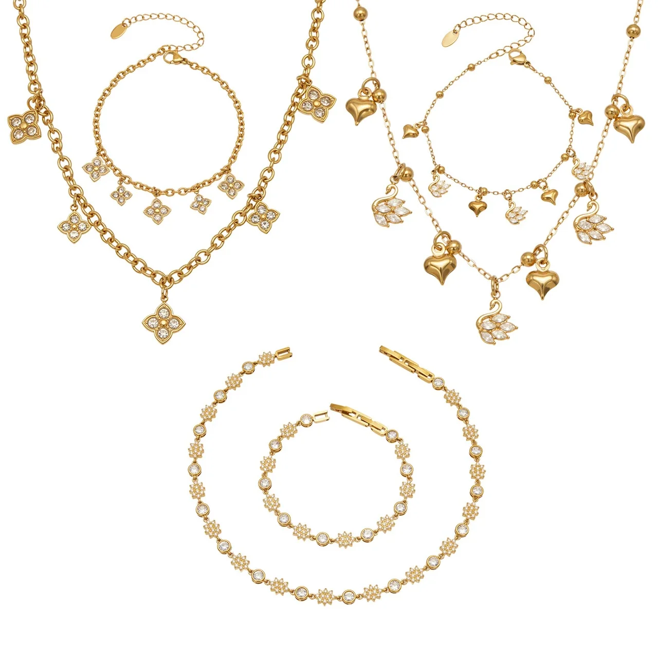 Ornate 18K Gold-Plated Steel CZ Clover Heart Jewelry Set