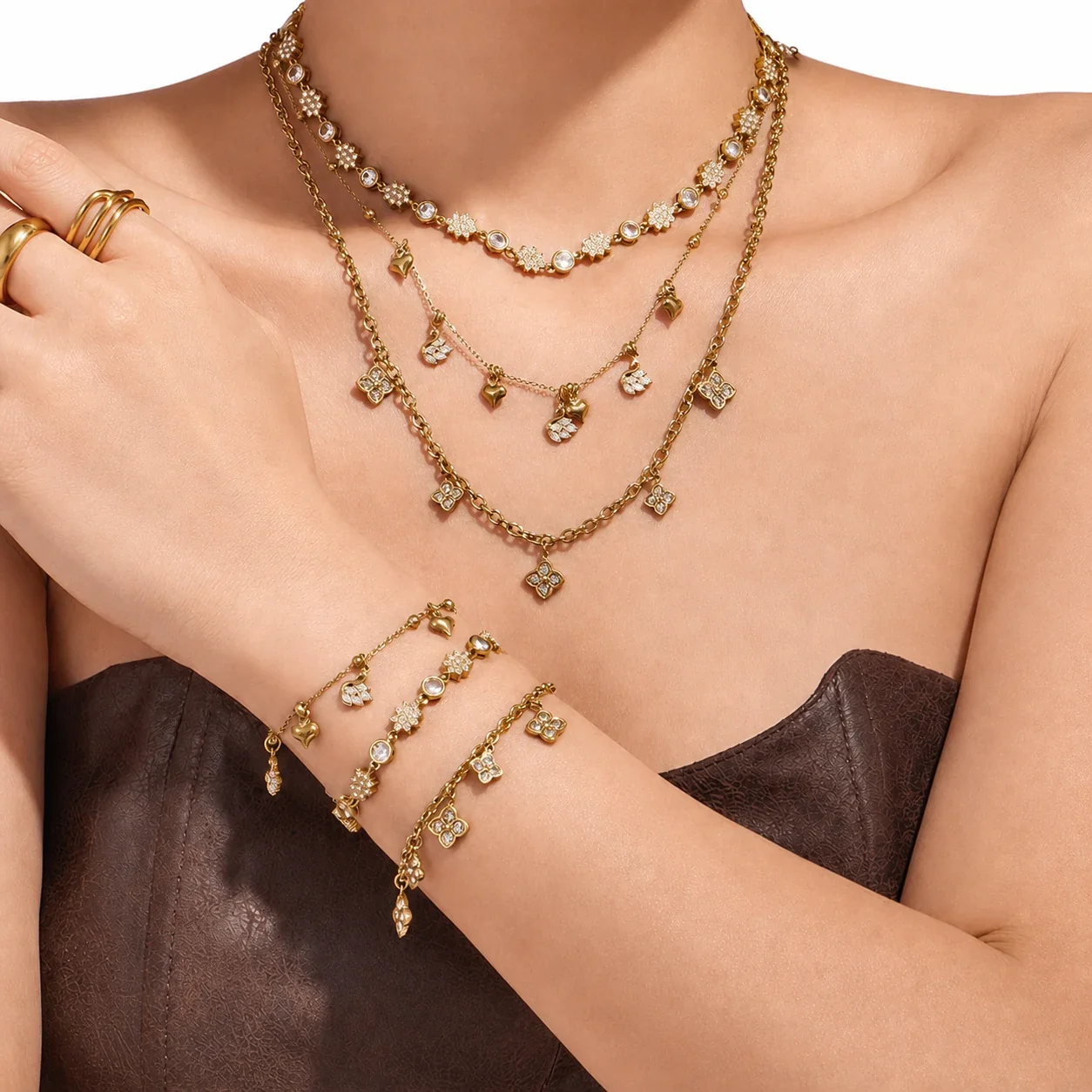 Ornate 18K Gold-Plated Steel CZ Clover Heart Jewelry Set