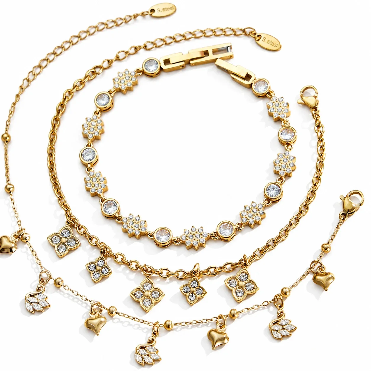 Ornate 18K Gold-Plated Steel CZ Clover Heart Jewelry Set
