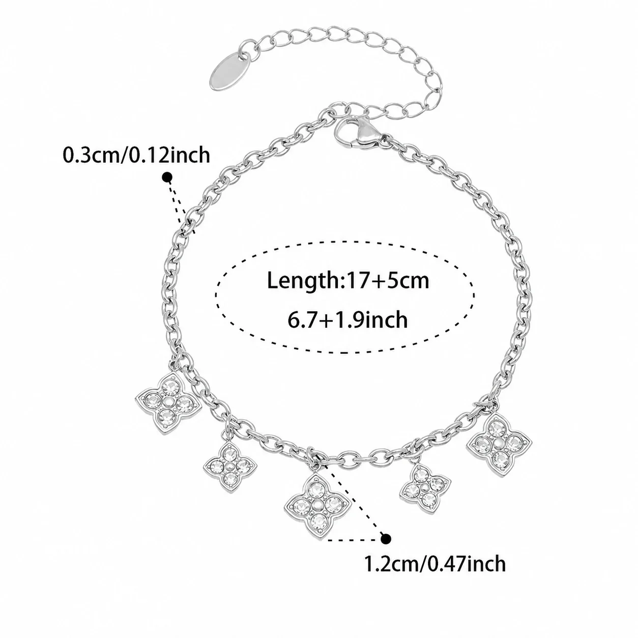 Ornate 18K Gold-Plated Steel CZ Clover Heart Jewelry Set - Silver Clover + cm